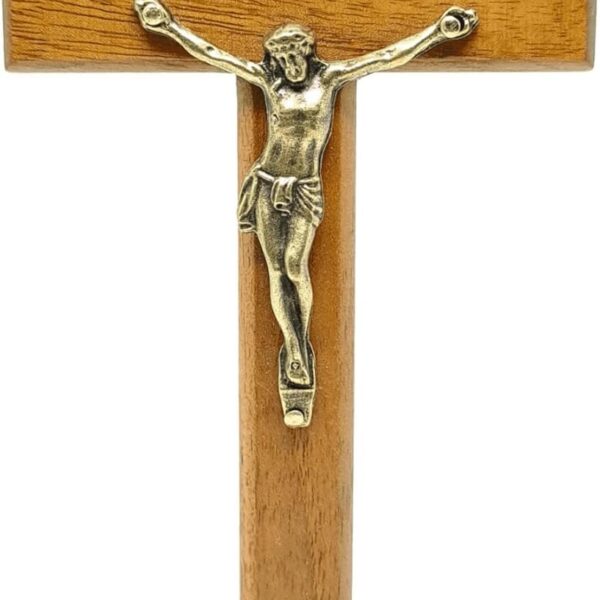Crucifixo de Mesa Madeira Clara 12 cm: elegância e devoção para mesa, altar ou oratório.