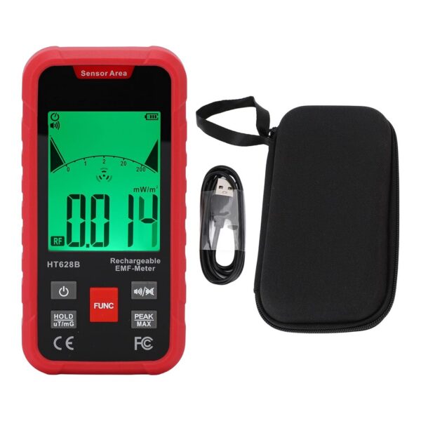 Detector de radiação EMF 3 em 1 para RF, EF e MF com LCD retroiluminado, ideal para medir microondas e campos eletromagnéticos com precisão.