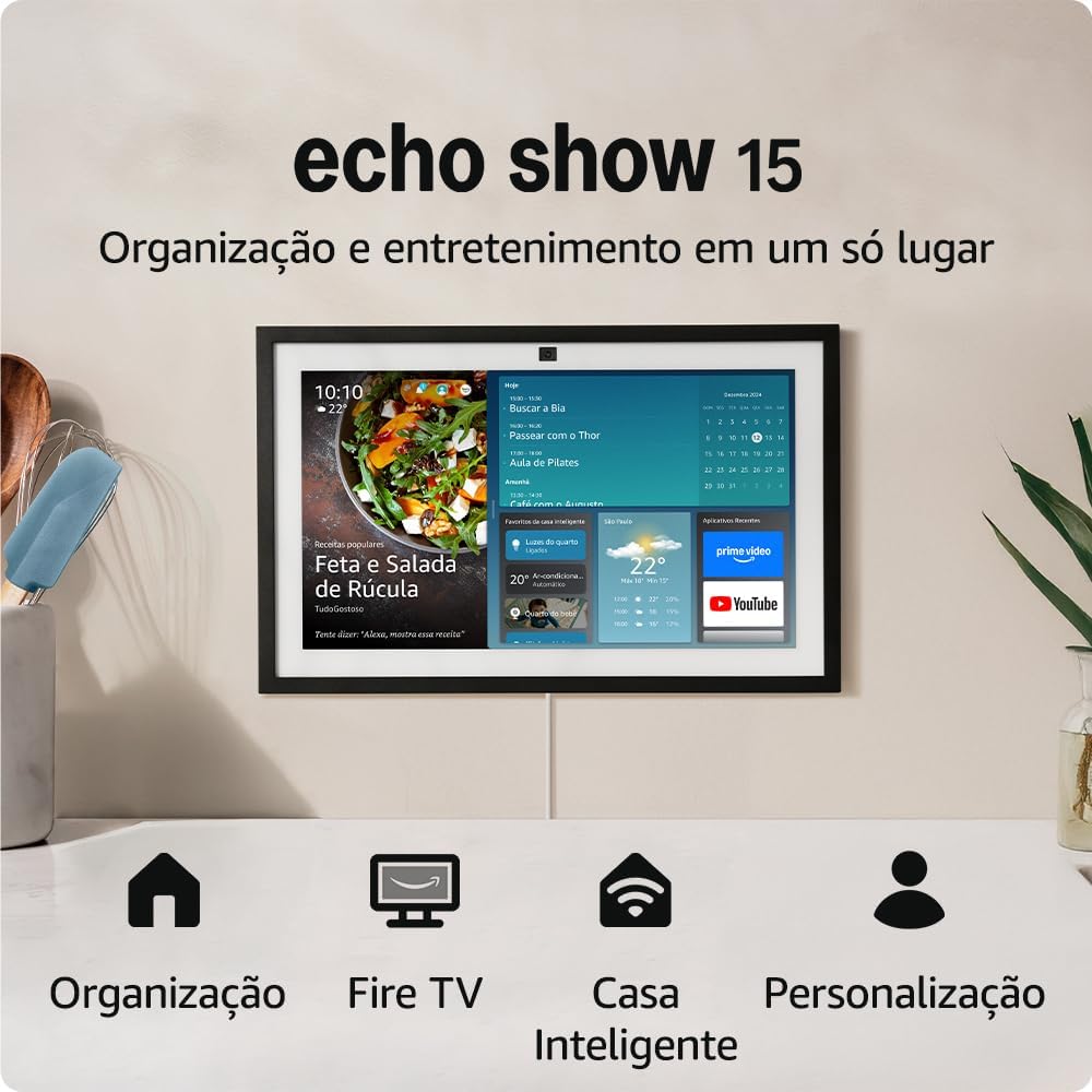 Echo Show 15: smart display Full HD 15,6” com Alexa, Echo Show 15: smart display Full HD 15,6” com Alexa, Fire TV e controle por voz para casa inteligente.