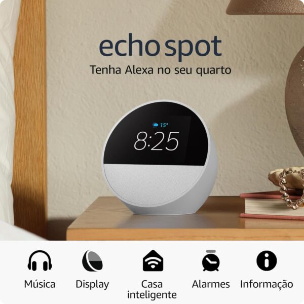 Echo Spot com Alexa: despertador inteligente branco com som vibrante e acesso antecipado à Alexa+