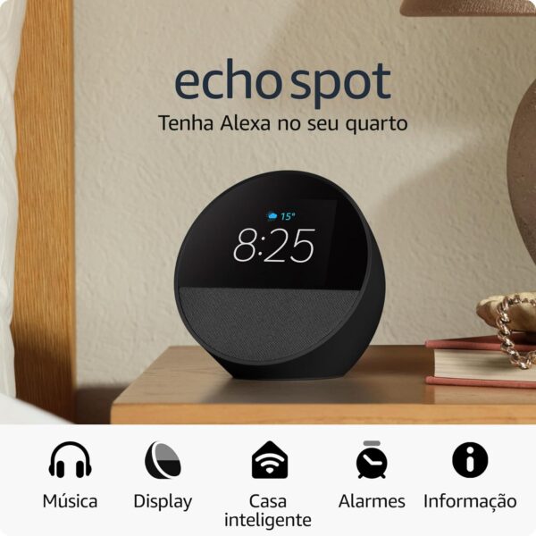 Echo Spot com Alexa: despertador inteligente com som vibrante, display personalizado e controle da casa inteligente preta