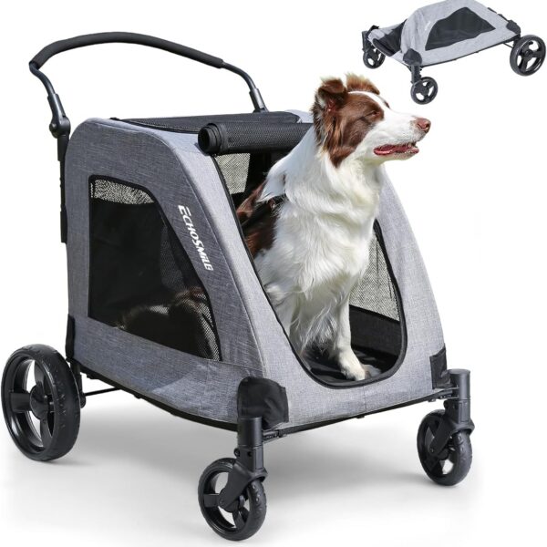 EchoSmile Carrinho de bebê extra grande para cães, resistente e dobrável, com 4 rodas todo-o-terreno e capacidade de 72 kg