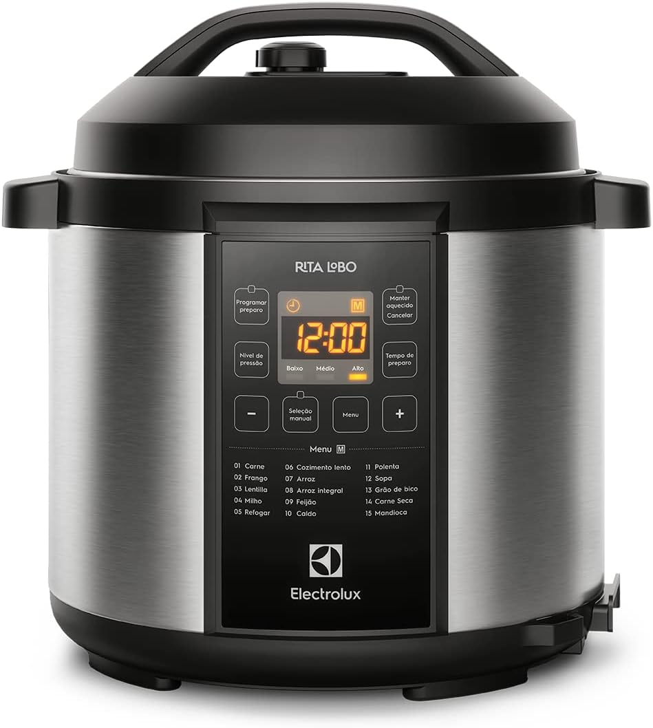 Electrolux Panela pressão elétrica Electrolux digital capacidade 6L silenciosa segura Electrolux Panela pressão elétrica Electrolux digital capacidade 6L silenciosa segura 10 travas segurança 15 receitas pré-programadas 3 níveis pressão PCC20 inox preto 127v por Rita Lobo