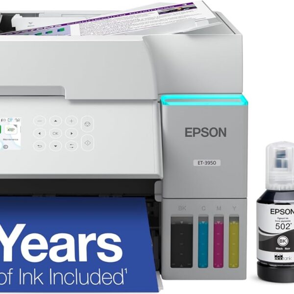 Epson EcoTank ET-3950 Impressora supertank colorida sem fio com até 3 anos de tinta, tanques recarregáveis, perfeita para escritório em casa, 18 PPM, tela colorida de 6 cm, alimentador automático de