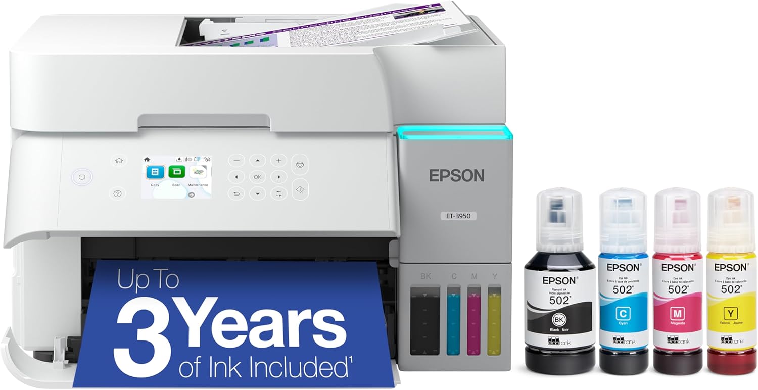 Epson EcoTank ET-3950 Impressora supertank colorida sem fio com até Epson EcoTank ET-3950 Impressora supertank colorida sem fio com até 3 anos de tinta, tanques recarregáveis, perfeita para escritório em casa, 18 PPM, tela colorida de 6 cm, alimentador automático de