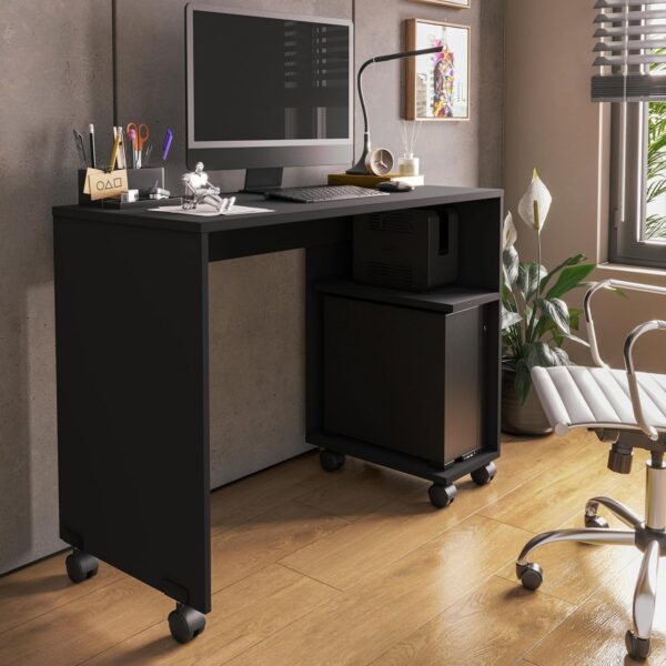 Escrivaninha Beauty preta: mesa moderna para computador e notebook com nicho para gabinete e rodízios.