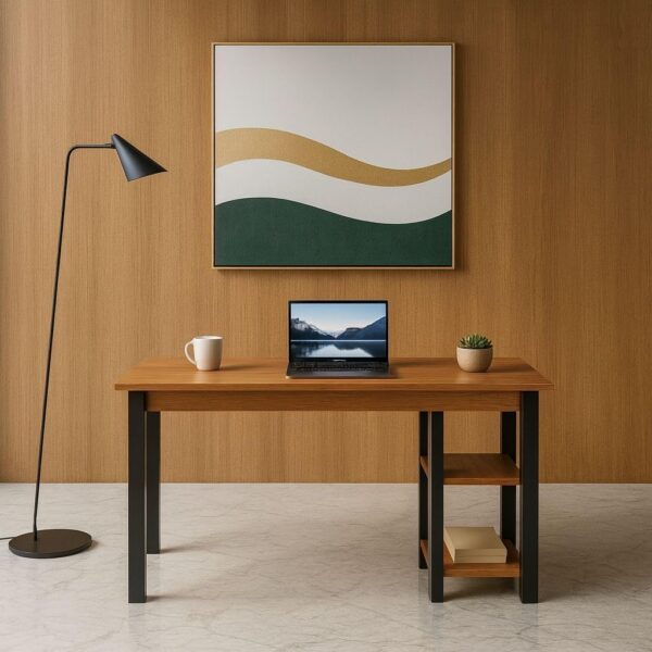 Escrivaninha Estilo Industrial com 2 Prateleiras: compacta, funcional e ideal para home office com organização e estilo.