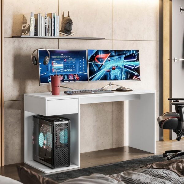Escrivaninha Gamer Movelove Start Flex: suporte para 2 monitores, gaveta metálica e design branco para seu setup.