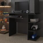Escrivaninha Gamer Preta com gaveta e prateleiras: organização e praticidade para quarto, escritório ou estudo.
