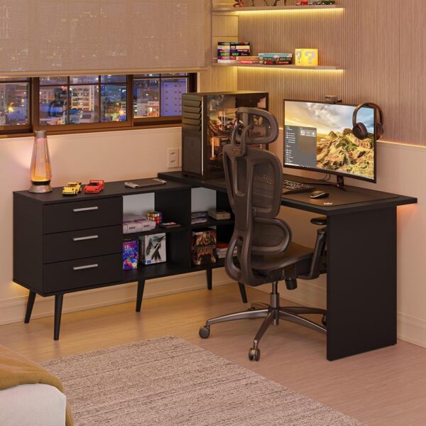 Escrivaninha Lisboa Madesa em L, com 3 gavetas, amplo espaço e montagem versátil para seu setup gamer.