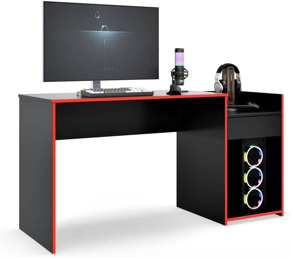 Escrivaninha Mesa Gamer EROS preto/vermelho: tampo amplo, estrutura robusta e Escrivaninha Mesa Gamer EROS preto/vermelho: tampo amplo, estrutura robusta e conforto ergonômico para seu setup.