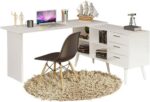 Escrivaninha Mesa de Escritório de Canto Lisboa Madesa com 3 gavetas, 4 nichos e design funcional para organizar seu home office.