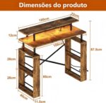 Escrivaninha Mesa para Computador 2 Níveis com Tomada Integrada e Armazenamento Lateral para Home Office e Jogos, Marrom - Imagem 2