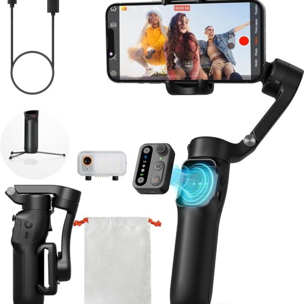 Estabilizador Celular Gimbal 3 Eixos AI Rastreamento Automático,Controle Remoto Destacável,Haste Extensível Integrada,Tripé e Luz Estabilizador Celular para Iphone Vlog Viagem (Preto)