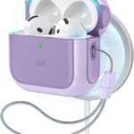 Estojo ESR para AirPods 4 roxo: proteção contra quedas, compatível com MagSafe e com cordão para uso prático.