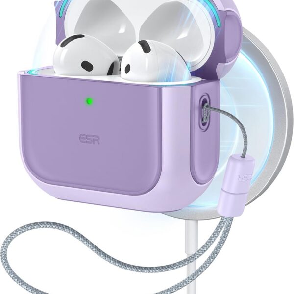 Estojo ESR para AirPods 4 roxo: proteção contra quedas, compatível com MagSafe e com cordão para uso prático.