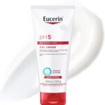 Eucerin pH5 Gel Creme Corporal hidrata por 24h, restaura a barreira da pele e tem textura ultraleve para pele sensível e seca.