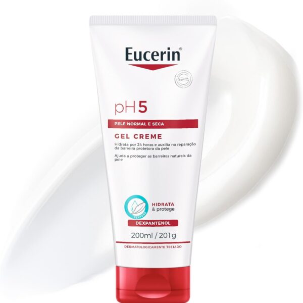 Eucerin pH5 Gel Creme Corporal hidrata por 24h, restaura a barreira da pele e tem textura ultraleve para pele sensível e seca.