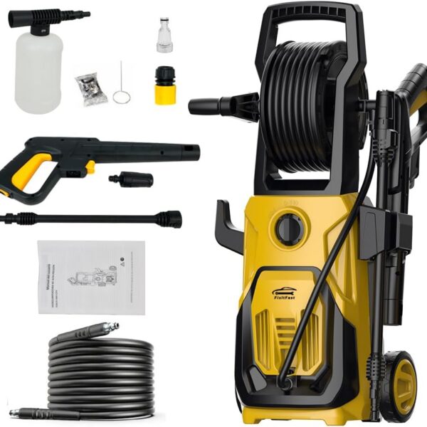 FINYQBET Lavadora de Alta Pressão 2000W: limpeza potente e prática para carros, garagens e pátios com 120 bar e carretel giratório.