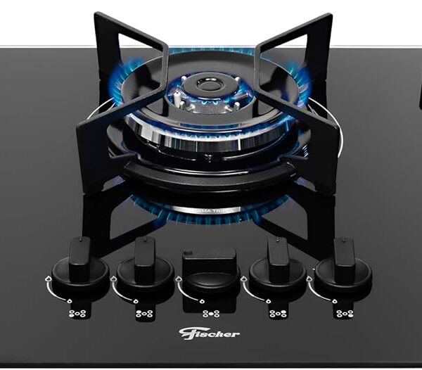 FISCHER COOKTOP À GÁS 5 BOCAS TRIPLA CHAMA FIT LINE TREMPE IRON MESA VIDRO PRETO BIVOLT 36340-102674