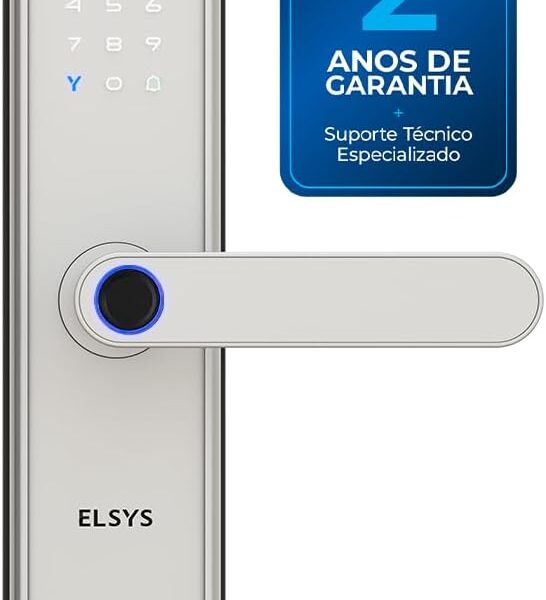Fechadura Digital Elsys Blues com biometria, senha e app: segurança prática e elegante para sua porta.