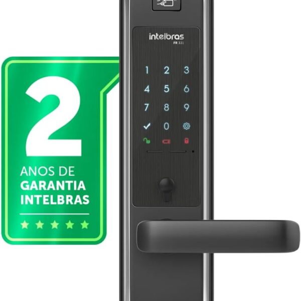 Fechadura Digital FR331 Preto Intelbras: acesso por digital, senha ou tag com fechamento automático e alta segurança.
