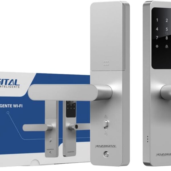 Fechadura Digital NovaDigital Fusion Wi-Fi 2.4G: biometria, senha, TAG, chave e APP Tuya, prata, segurança e praticidade.