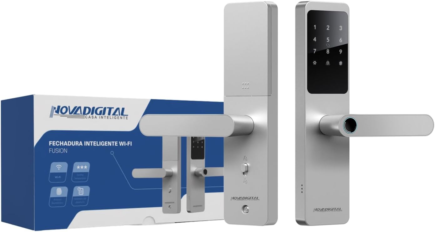 Fechadura Digital NovaDigital Fusion Wi-Fi 2.4G: biometria, senha, TAG, chave Fechadura Digital NovaDigital Fusion Wi-Fi 2.4G: biometria, senha, TAG, chave e APP Tuya, prata, segurança e praticidade.