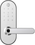 Fechadura Digital YMC 420W Branco Yale: segurança e acesso prático por senha, biometria, cartão e Alexa.