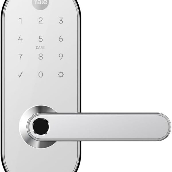 Fechadura Digital YMC 420W Branco Yale: segurança e acesso prático por senha, biometria, cartão e Alexa.