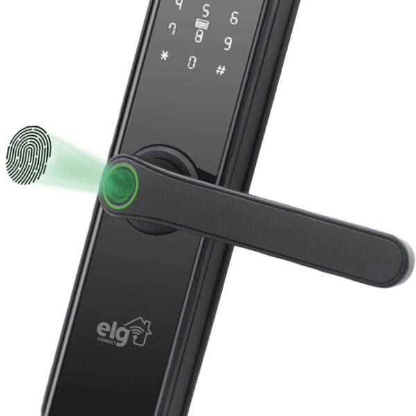 Fechadura ELG SHFB700 Wi-Fi: biometria, senha, cartão e app com máxima segurança para sua porta.