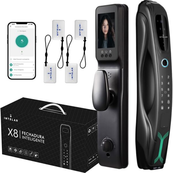 Fechadura Eletrônica X8 com reconhecimento facial 3D, vídeo e olho mágico de 4" para segurança e acesso fácil sem chave