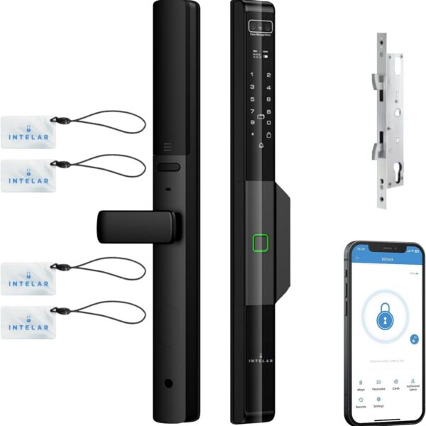 Fechadura Inteligente 6 em 1 para Porta de Alumínio: acesso facial, digital, cartão, senha, chave e app Tuya. Segurança e praticidade automáticas.