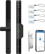 Fechadura Inteligente 6 em 1 para Portas de Alumínio: acesso facial, digital, app e senha com travamento automático.