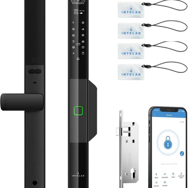 Fechadura Inteligente 6 em 1 para Portas de Alumínio: acesso facial, digital, app e senha com travamento automático.