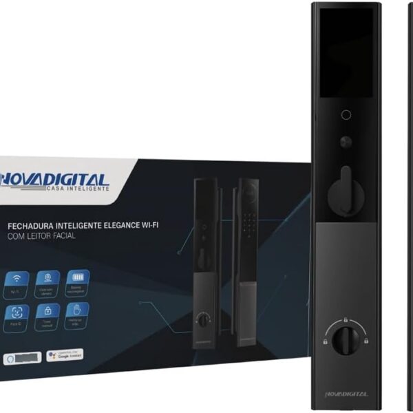 Fechadura Novadigital Elegance Wi-Fi: acesso por Face ID, biometria, palma, senha e app para mais segurança e praticidade.