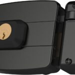 Fechadura elétrica HDL C90 Pro com botão: controle de acesso, sistema reversível e pintura preta para mais segurança.