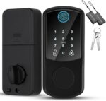 Fechadura inteligente 4 em 1 com impressão digital, senha, cartão IC e trava automática. Segurança e praticidade para sua porta.