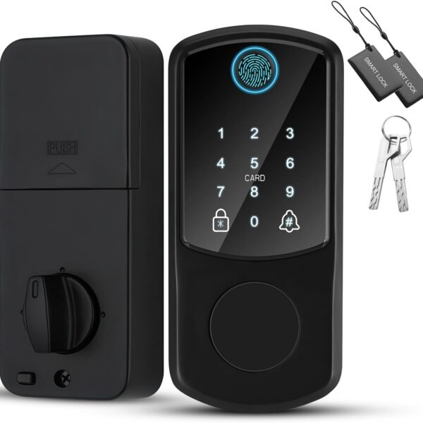 Fechadura inteligente 4 em 1 com impressão digital, senha, cartão IC e trava automática. Segurança e praticidade para sua porta.