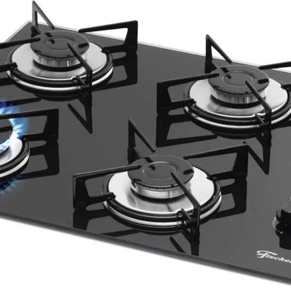 Fischer Cooktop Gás 4 Bocas com Mesa de Vidro Preta: alta eficiência, durabilidade e design moderno para sua cozinha.