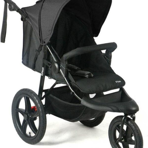 Flux Carrinho de Bebê Infanti Preto: conforto e proteção com 3 rodas, assento reclinável e capota UV50+ ampla.
