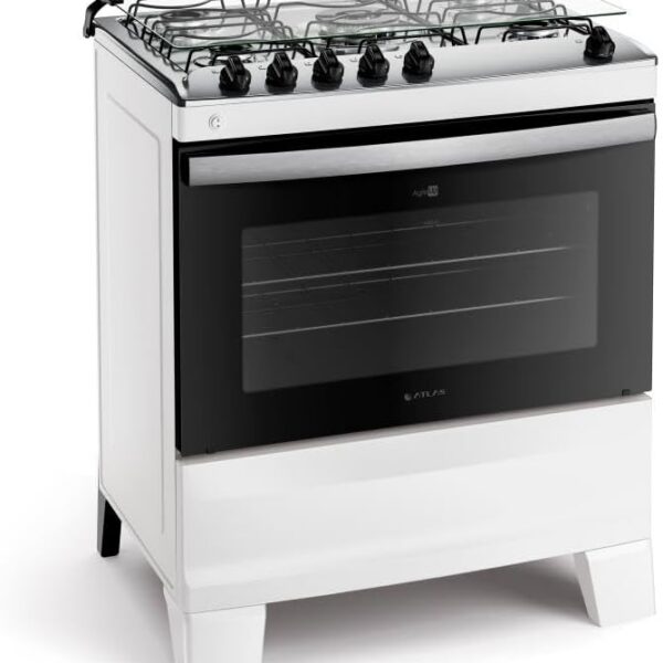 Fogão 5 Bocas Atlas Agile Up Bivolt com mesa inox, forno amplo e tripla chama para mais potência na cozinha.