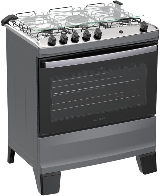 Fogão 5 Bocas Atlas Agile Up com mesa de inox, Fogão 5 Bocas Atlas Agile Up com mesa de inox, forno 82L e vidro duplo temperado para mais praticidade e desempenho.