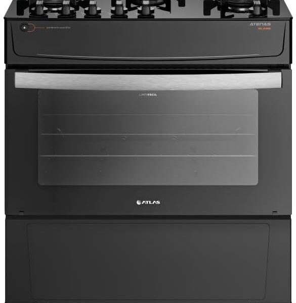 Fogão 5 Bocas Atlas Atenas com mesa de vidro, acendimento automático e mega chama para cozinhar mais rápido e com praticidade.