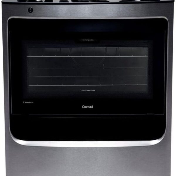 Fogão Consul 5 bocas Inox com mesa de vidro: mais praticidade, limpeza fácil e forno versátil.