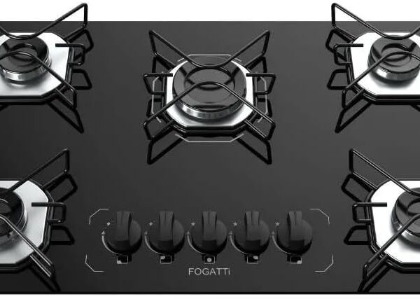 Fogão Cooktop Fogatti Ori 5 Bocas Preto Bivolt com acendimento automático e fácil limpeza, ideal para sua cozinha.