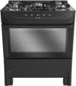 Fogão Mueller preto fosco 5 bocas com mesa de vidro e acendimento automático para cozinhar com praticidade e potência