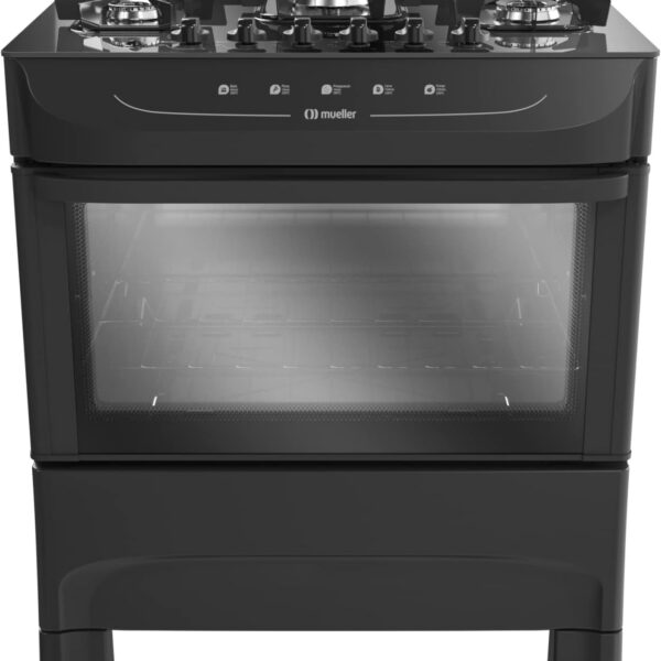 Fogão Mueller preto fosco 5 bocas com mesa de vidro e acendimento automático para cozinhar com praticidade e potência