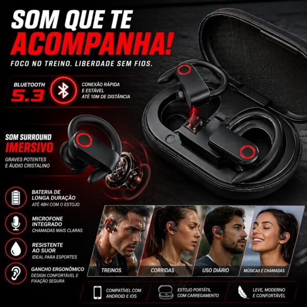 Fone Bluetooth Esportivo TWS com Gancho, IPX5 e Estojo Carregador para Corrida e Academia