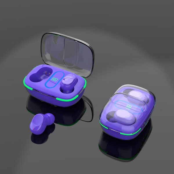 Fone TWS sem fio roxo com IPX4, bateria de até 36h, display LED e modo gamer para áudio prático e chamadas nítidas.